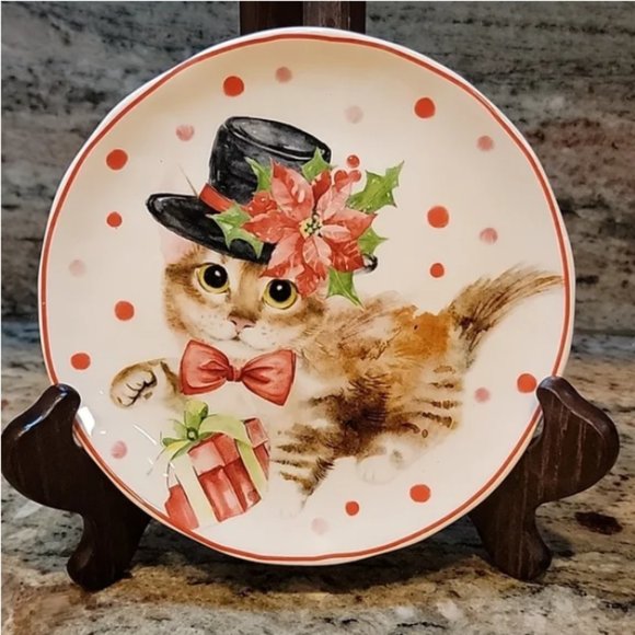Vintage Other - Sleigh Bell Bistro Plate orange Tabby Cat with Christmas hat & poinsettia & gift